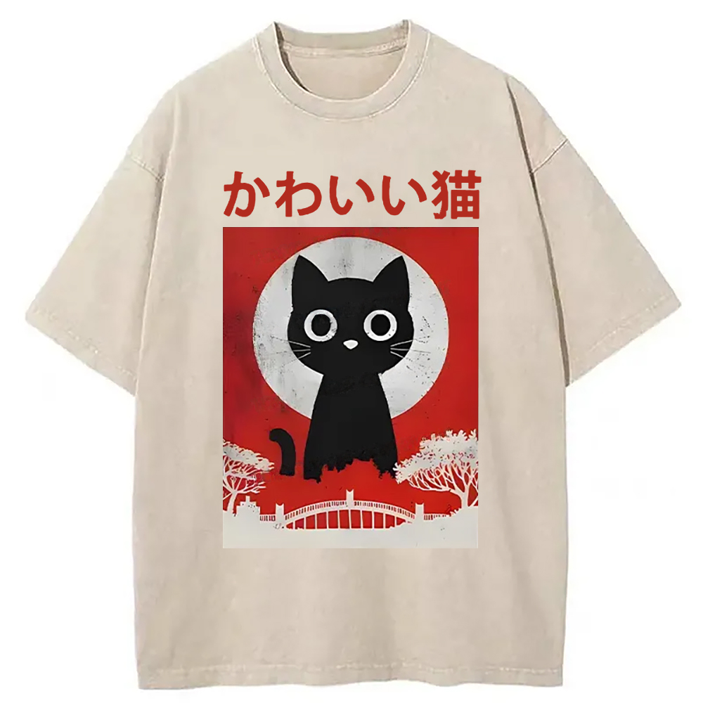 Modecanvas Cute Retro Cat Washed T-Shirt