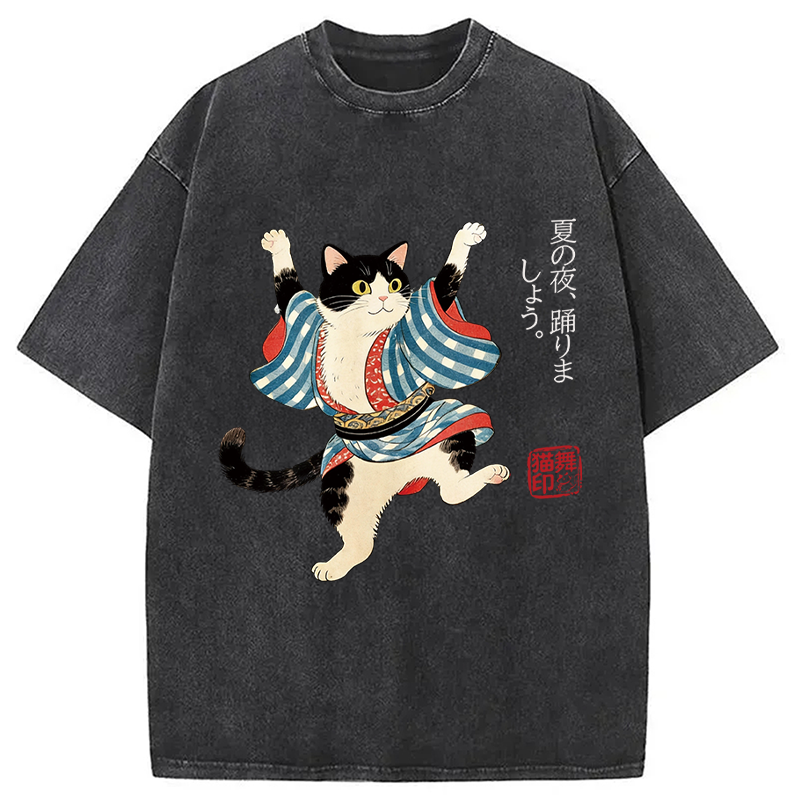 Modecanvas Bon Odori Dancing Cat DTG Printing Washed T-Shirt-modecanvas