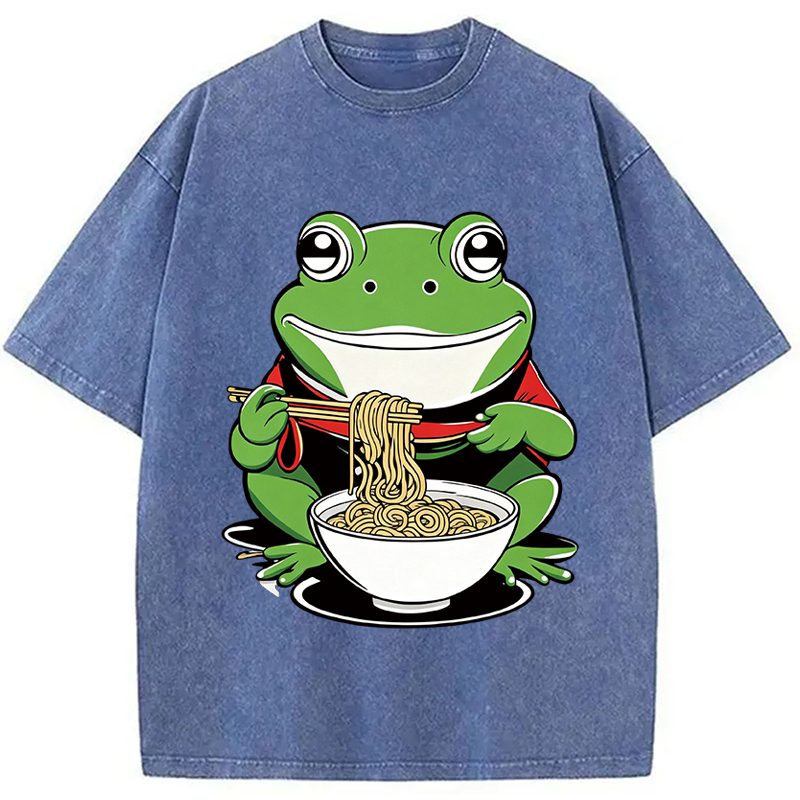 Modecanvas Cute Frog Eating Ramen DTG Printing Washed T-Shirt