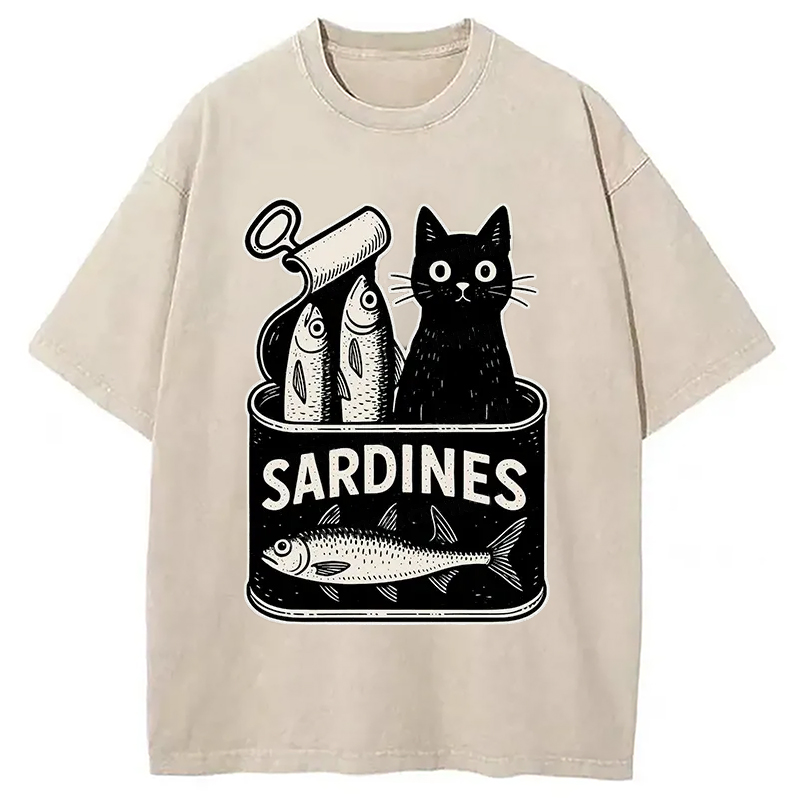 Modecanvas Cat And Canned Fish Washed T-Shirt
