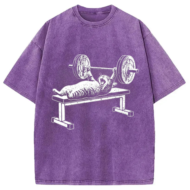 Modecanvas Funny Cat Gym DTG Printing Washed T-Shirt