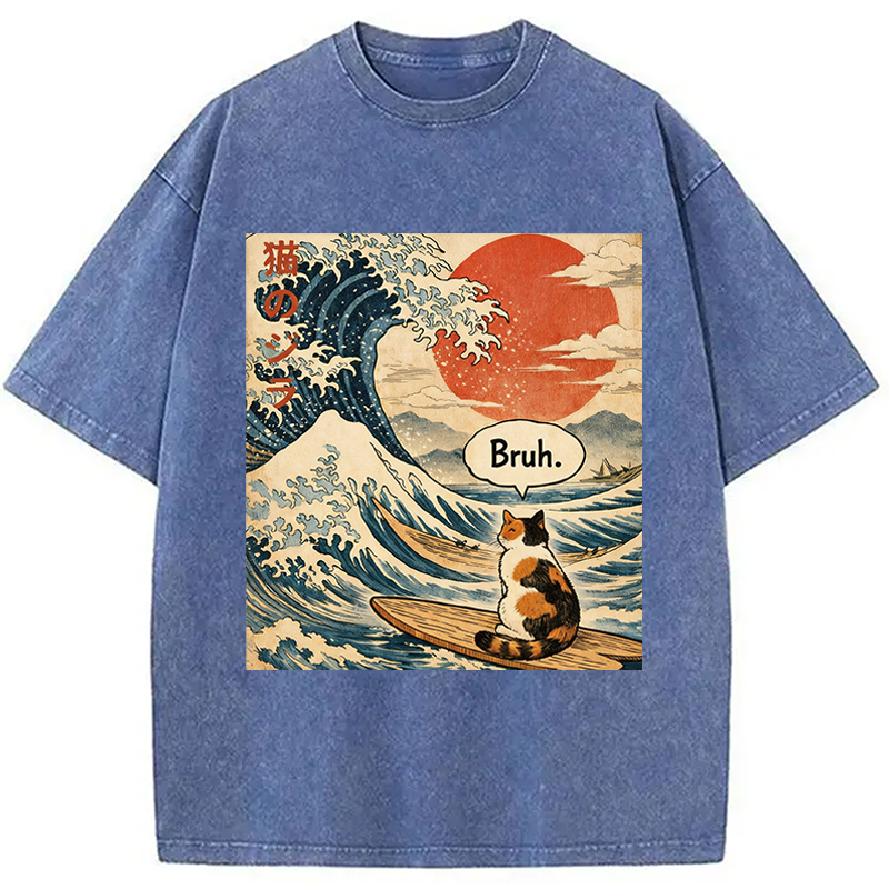 Modecanvas Bruh. The Great Wave Japanese Surfing Cat DTG Printing Washed T-Shirt