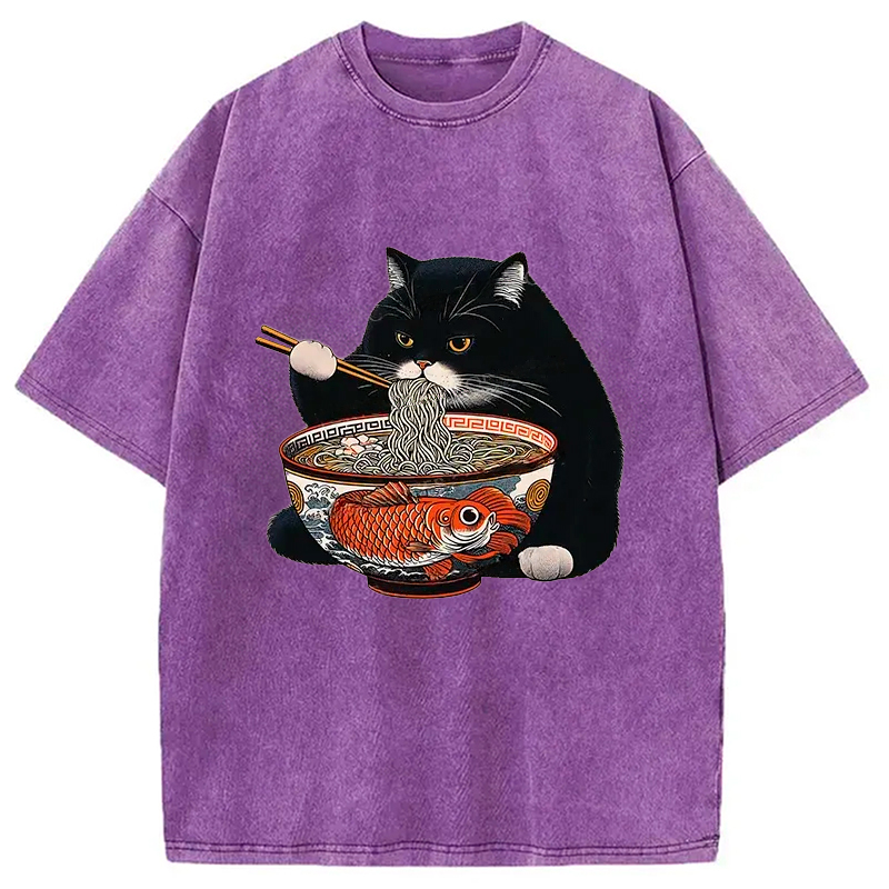 Modecanvas Fat Cat Eating Ramen Washed T-Shirt-modecanvas