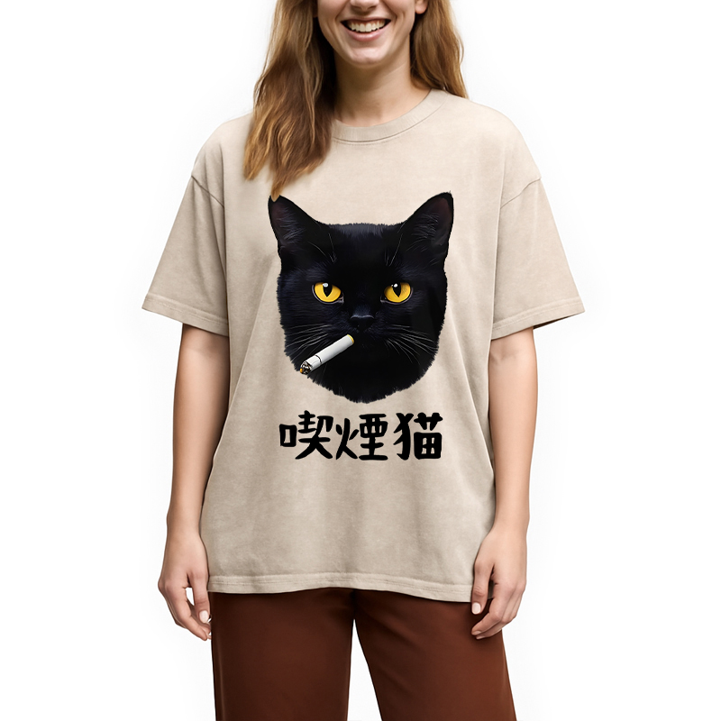 Modecanvas Smoking Cat Vintage Washed T-Shirt
