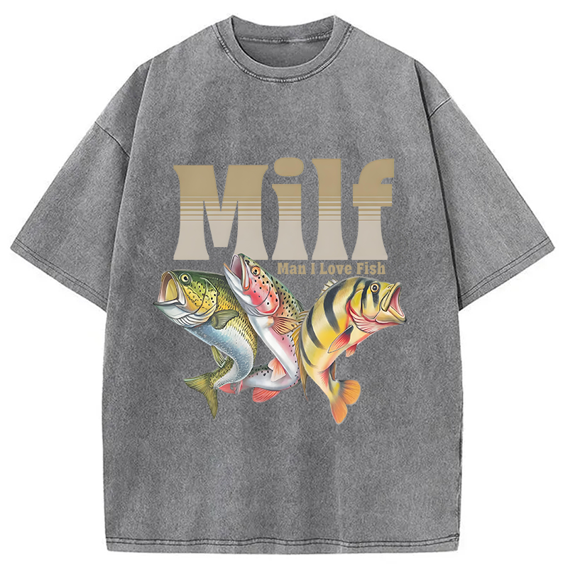 Modecanvas Man I Love Fish Meme Washed T-Shirt-modecanvas