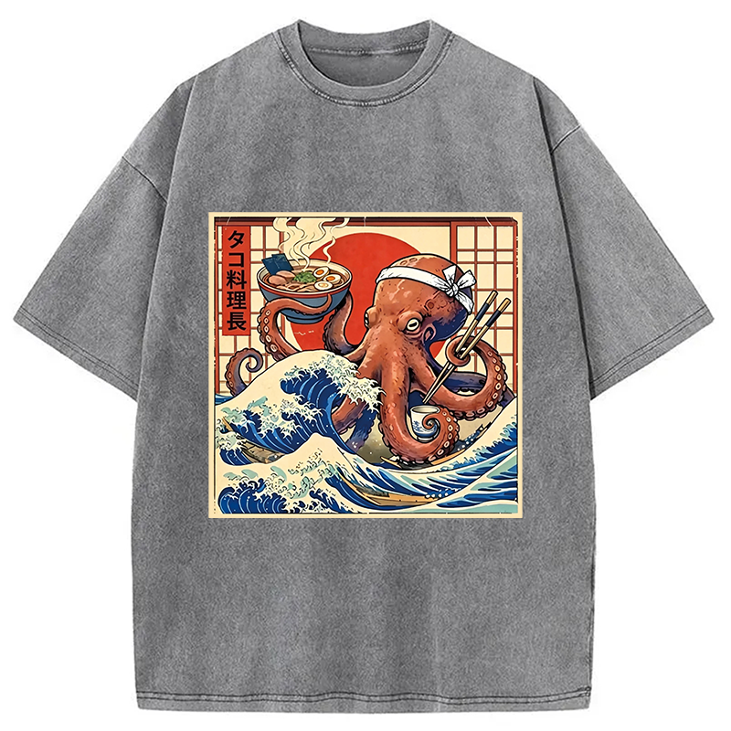 Modecanvas Ukiyo-E Octopus Ramen DTG Printing Washed T-Shirt