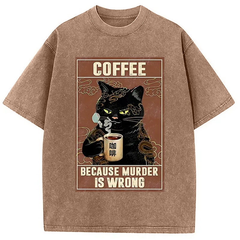 Modecanvas Cat Drinking Coffee Washed T-Shirt
