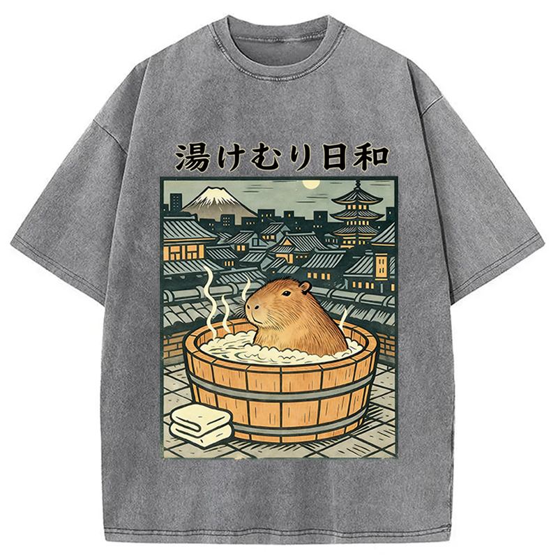 Modecanvas Capybara Bath DTG Printing Washed T-Shirt