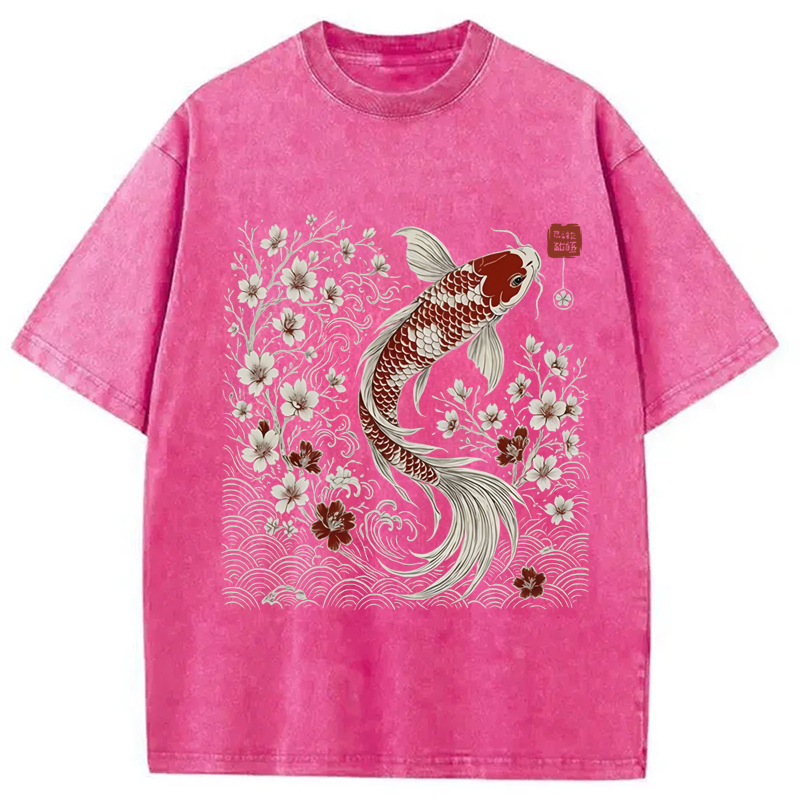 Modecanvas Vintage Sakura And Koi Washed T-Shirt-modecanvas