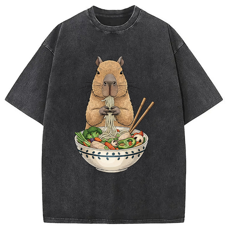 Modecanvas Funny Capybara Eating Ramen DTG Printing Washed T-Shirt