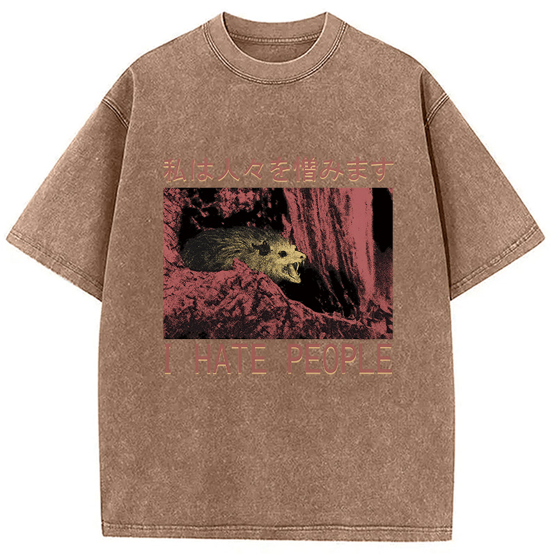 Modecanvas I Hate People Opossum DTG Printing Washed T-Shirt-modecanvas