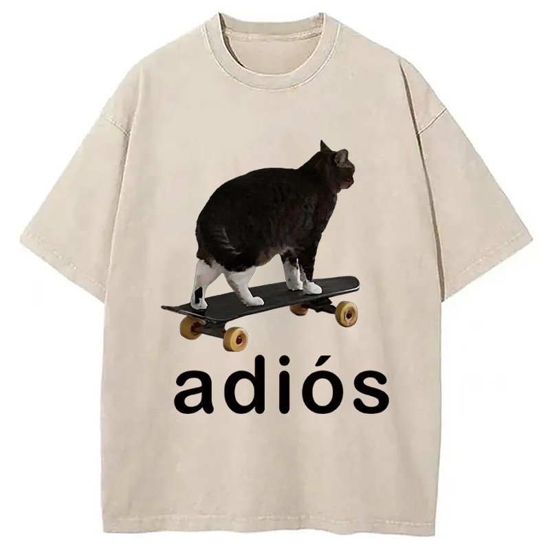 Modecanvas Adios Funny Cat Meme DTG Printing Washed T-Shirt