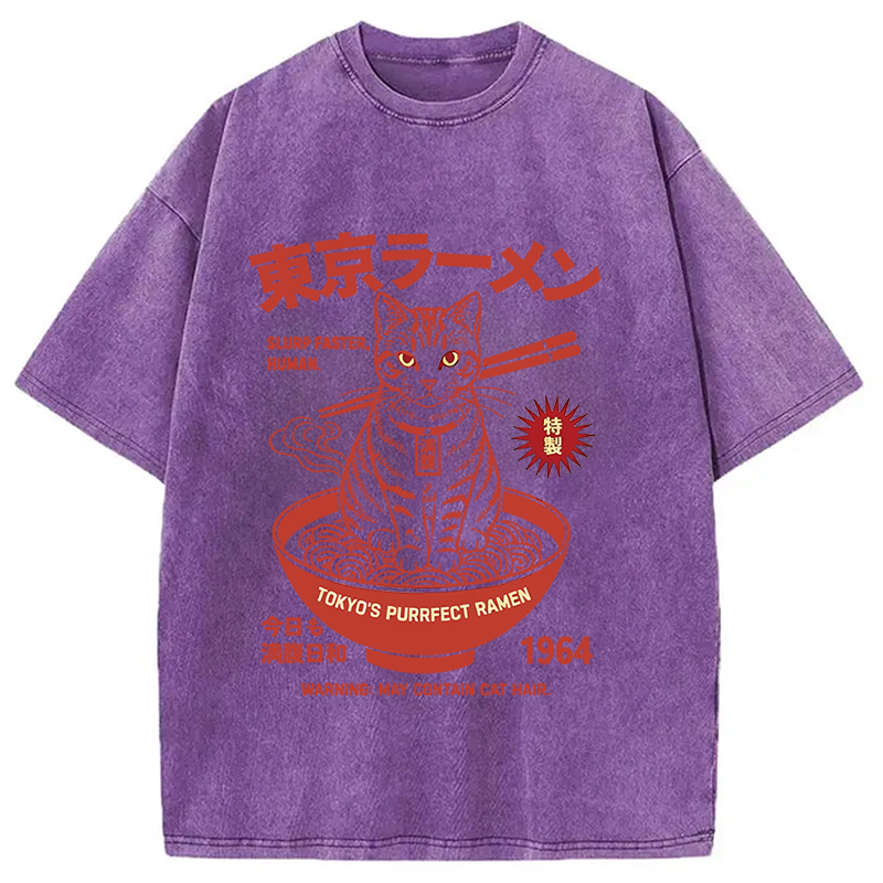 Modecanvas Tokyo Ramen Cat DTG Printing Washed T-Shirt-modecanvas