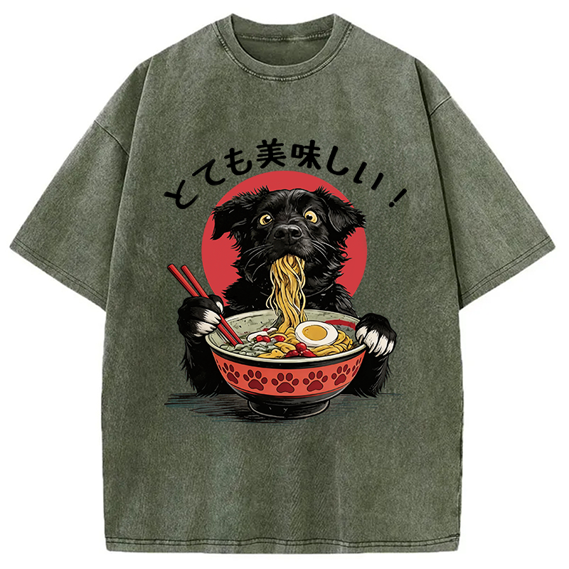 Modecanvas Dog Eating Ramen Joyfully DTG Printing Washed T-Shirt