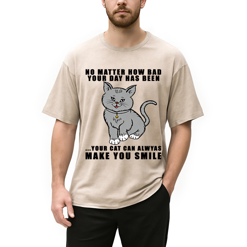 Modecanvas Funny Cat Make You Smile DTG Printing Washed T-Shirt