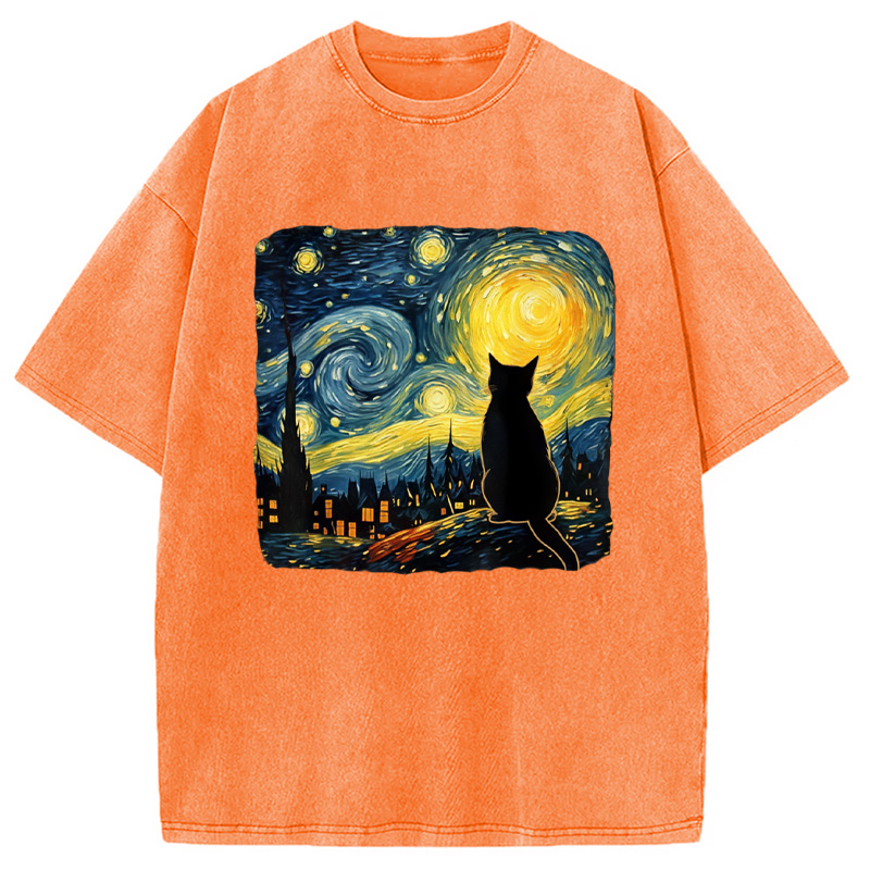 Modecanvas Cat Starry Night Washed T-Shirt