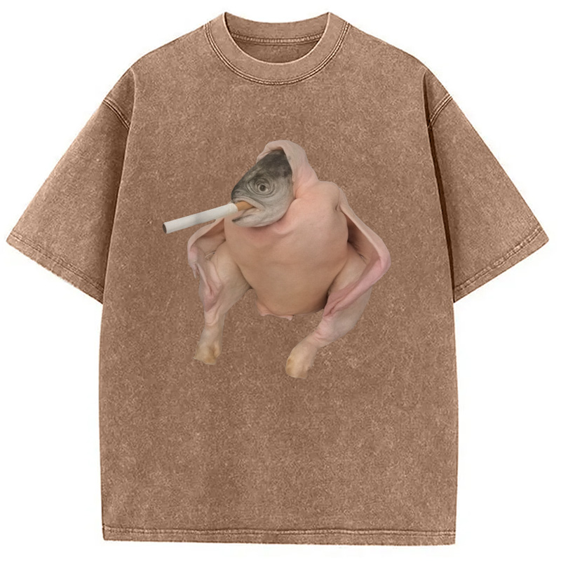 Modecanvas Fish Chicken Face Smoking a Cigarette Funny Meme Washed T-Shirt