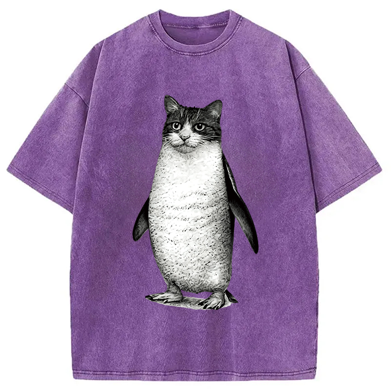 Modecanvas Penguin Cat DTG Printing Washed T-Shirt