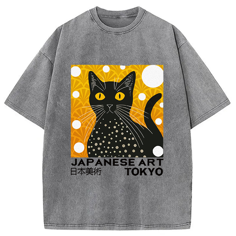 Modecanvas Black Cat Janpanese Art Washed T-Shirt