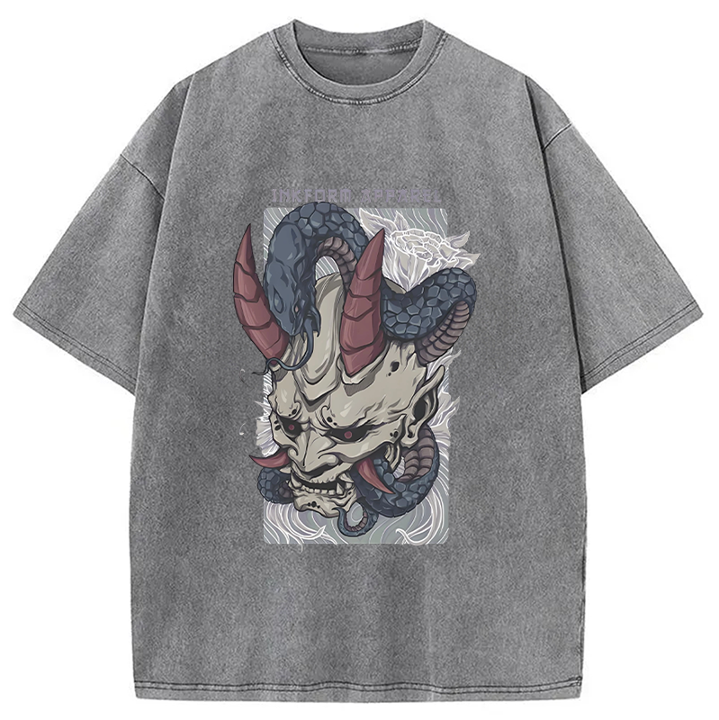 Modecanvas White Oni Mask with Snake Washed T-Shirt