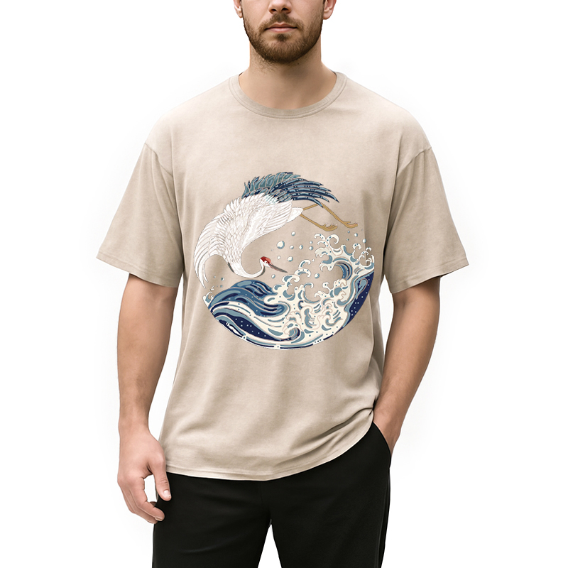 Modecanvas Crane Bird Wave DTG Printing Washed T-Shirt