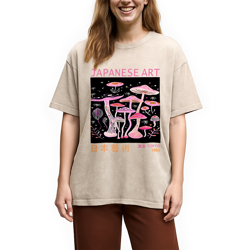 Modecanvas Japanese Art Pink Hallucinogenic Mushrooms Washed T-Shirt