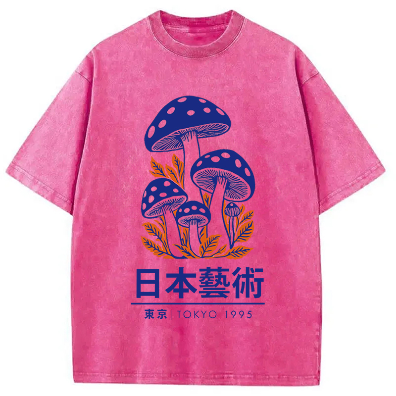Modecanvas Japanese Art Blue Mushroom Washed T-Shirt