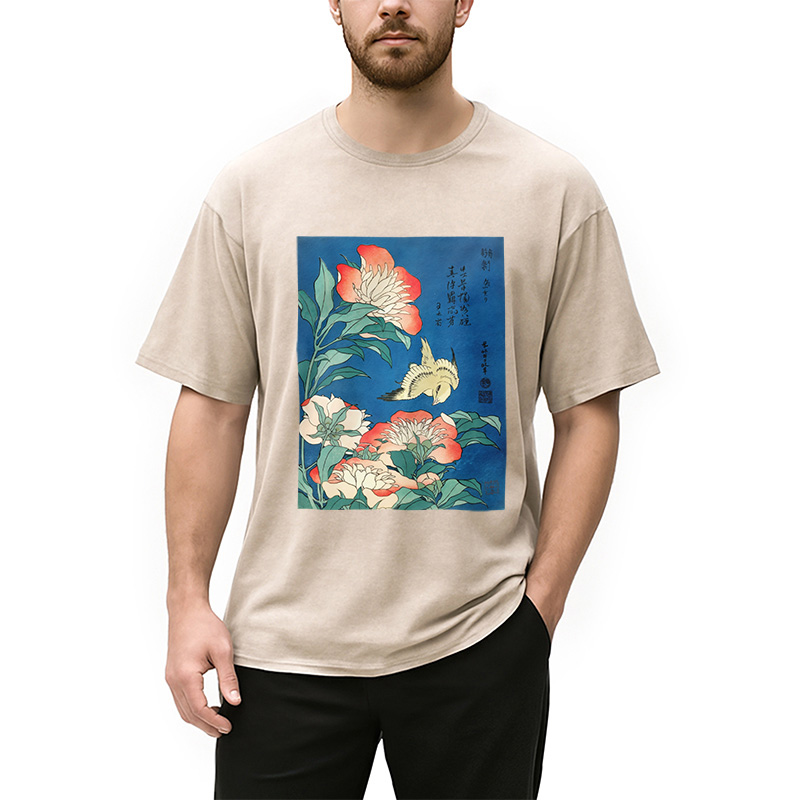 Modecanvas Hokusai Flowers Peonies Bird Washed T-Shirt