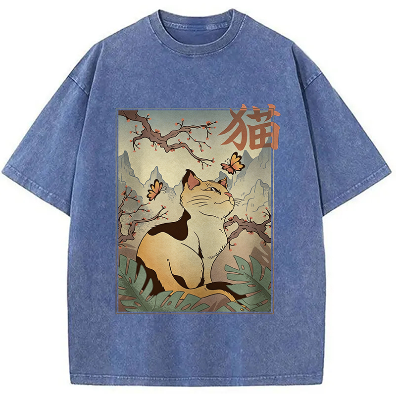 Modecanvas Kawaii Cat DTG Printing Washed T-Shirt-modecanvas