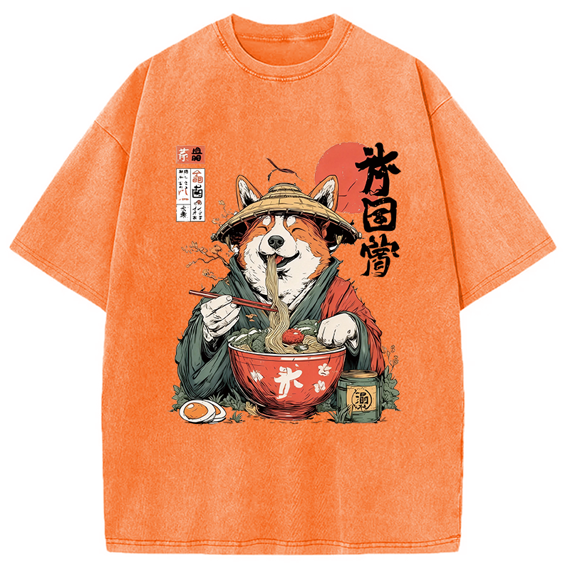 Modecanvas Corgi Eating Ramen DTG Printing Washed T-Shirt-modecanvas