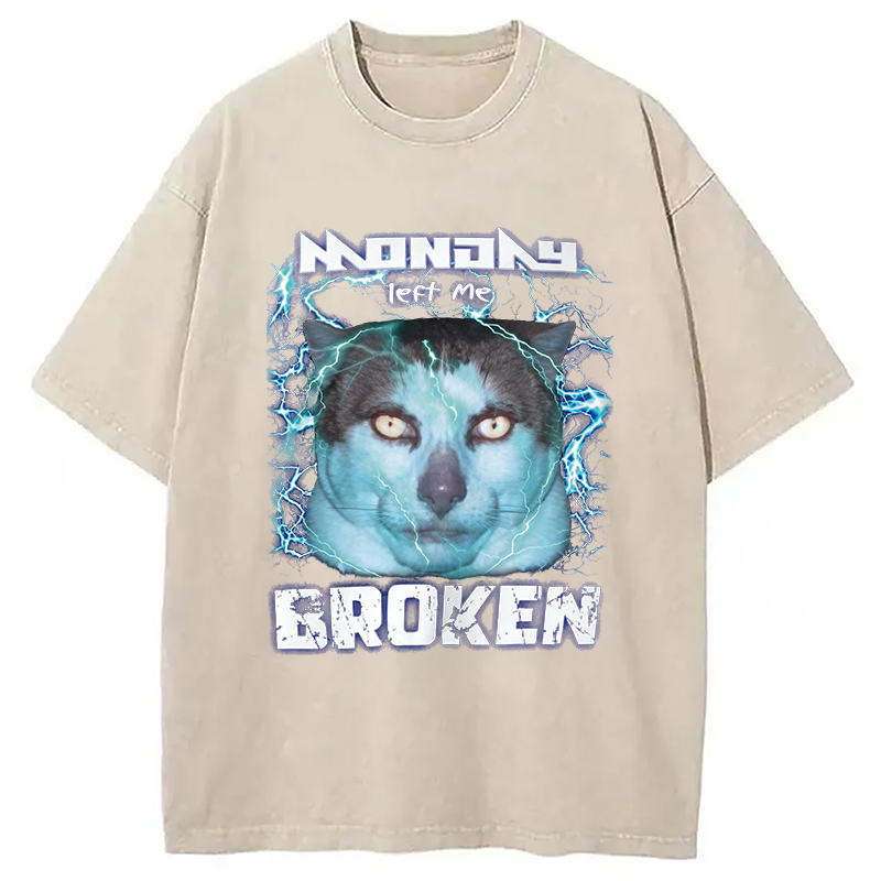 Modecanvas Monday Left Me Broken Cat DTG Printing Washed T-Shirt