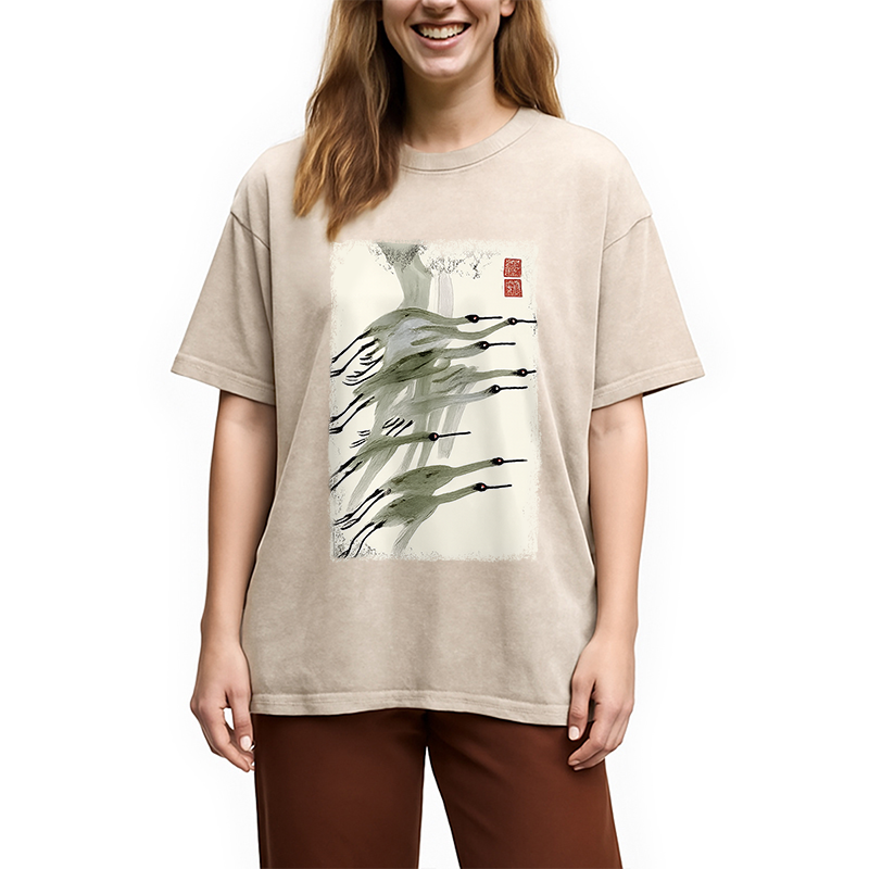 Modecanvas Flock of Cranes in Flight Washed T-Shirt