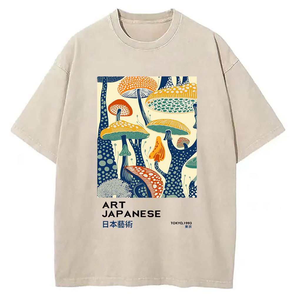 Modecanvas Dancing Mushroom Japanese Art Washed T-Shirt