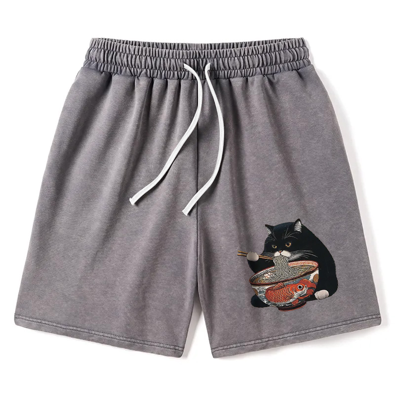Modecanvas Fat Cat Eating Ramen Washed Short