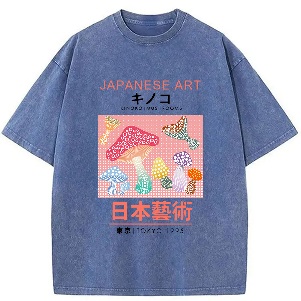 Modecanvas Pink Mushroom Japanese Art Washed T-Shirt