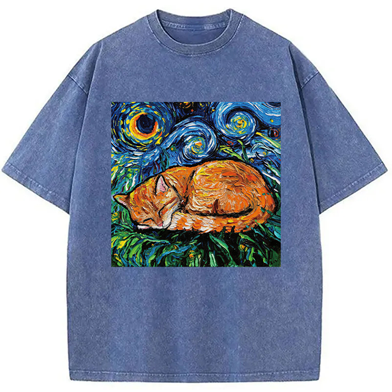 Modecanvas Orange Tabby Night full DTG Printing Washed T-Shirt