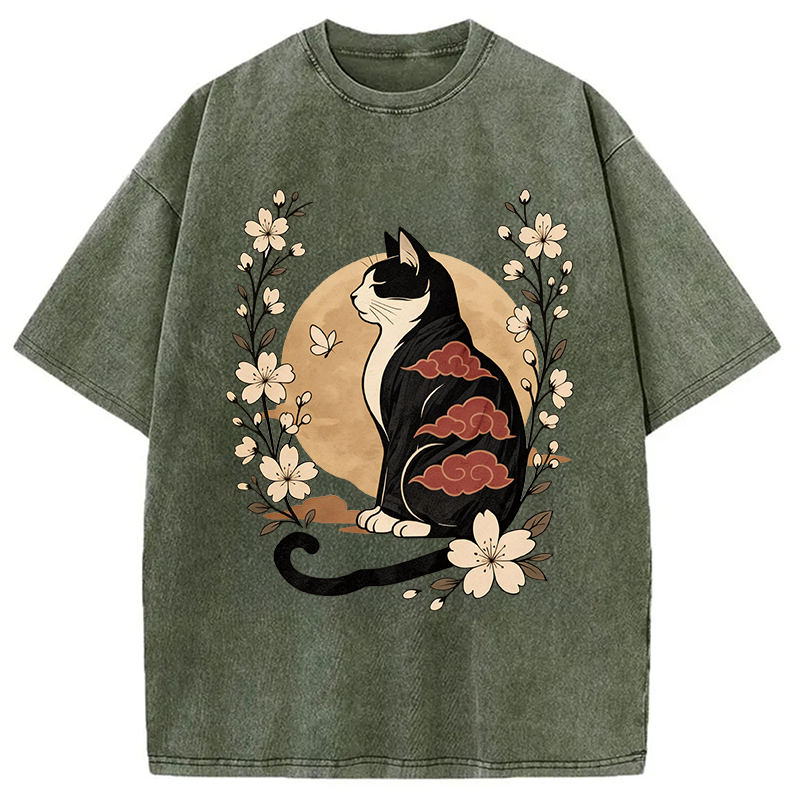 Modecanvas Kawaii Japanese Cat DTG Printing Washed T-Shirt-modecanvas