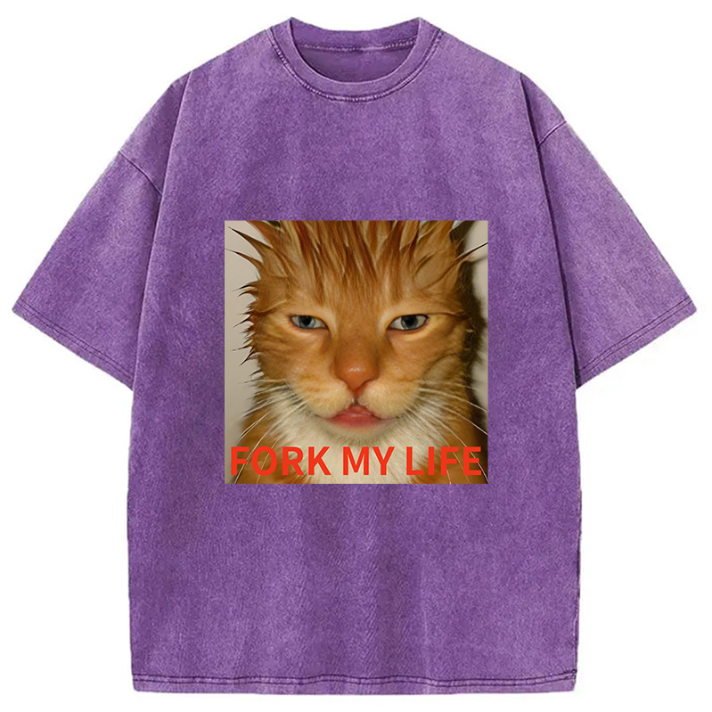 Modecanvas Orange Cat Fork My Life Washed T-Shirt