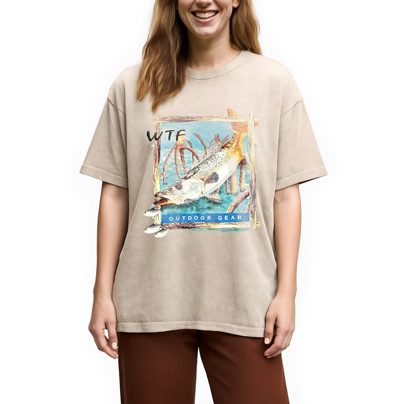Modecanvas Funny WTF Fishing Fish DTG Printing Washed T-Shirt