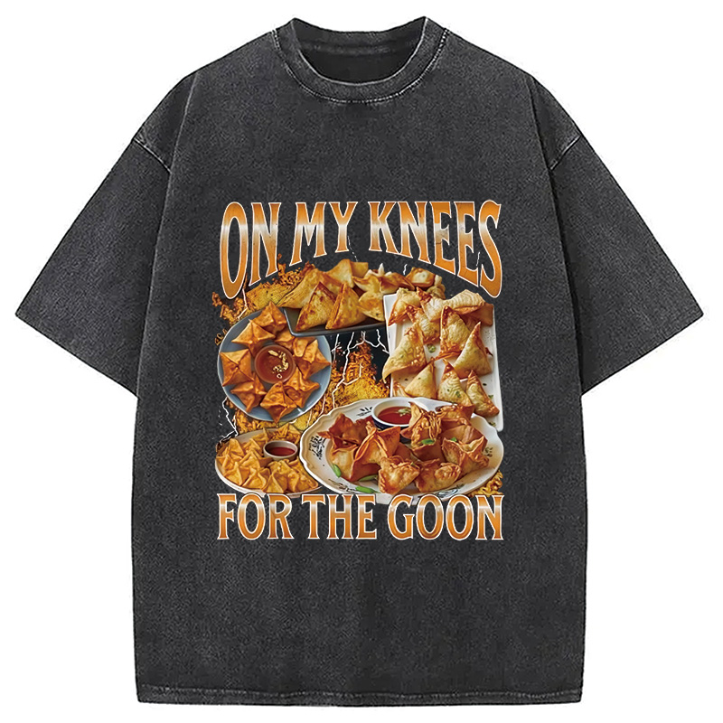 Modecanvas On My Knees Funny Crab Rangoon Meme Washed T-Shirt