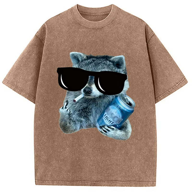 Modecanvas Raccoon Drinking Beer DTG Printing Washed T-Shirt