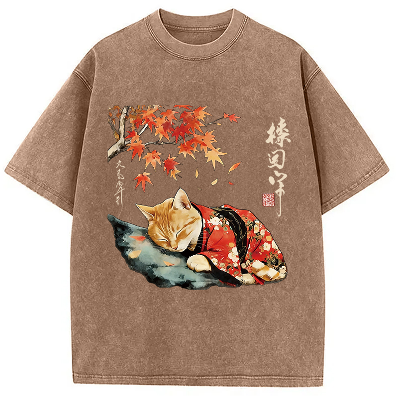 Modecanvas Kimono Neko Art DTG Printing Washed T-Shirt-modecanvas