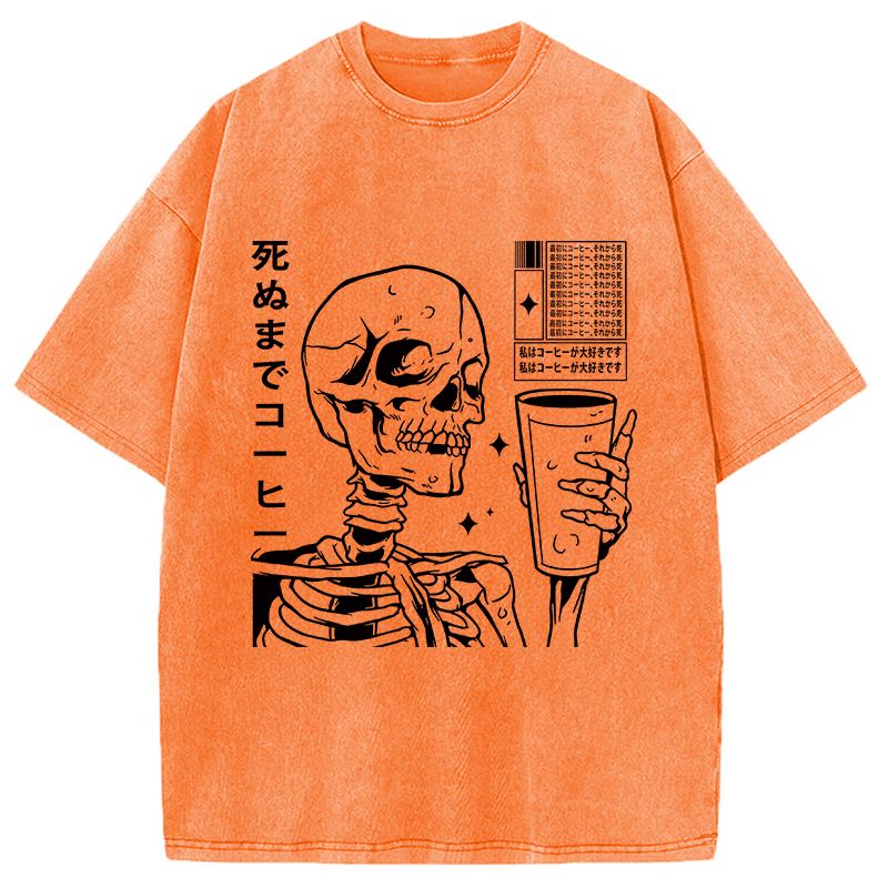Modecanvas Japanese Skeleton Coffee DTG Printing Washed T-Shirt-modecanvas