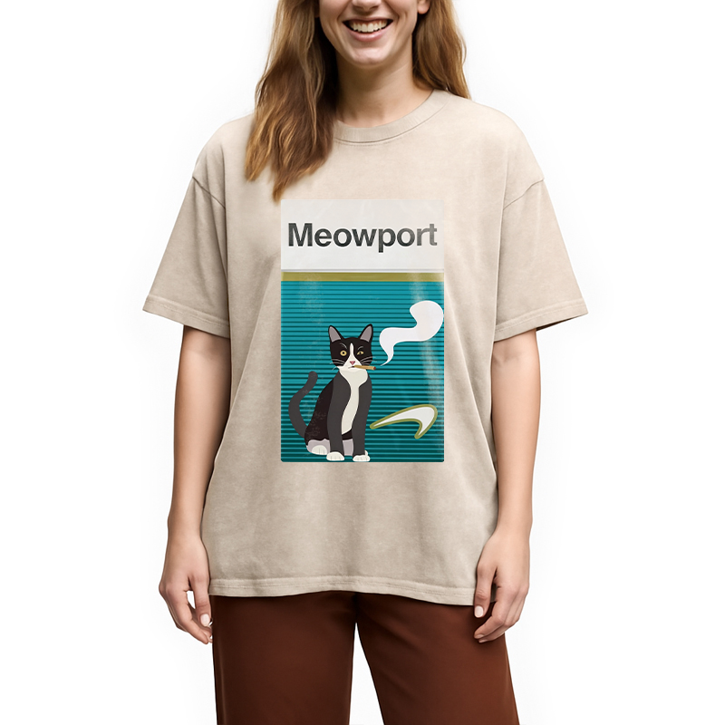 Modecanvas Meowport Funny Cat DTG Printing Washed T-Shirt