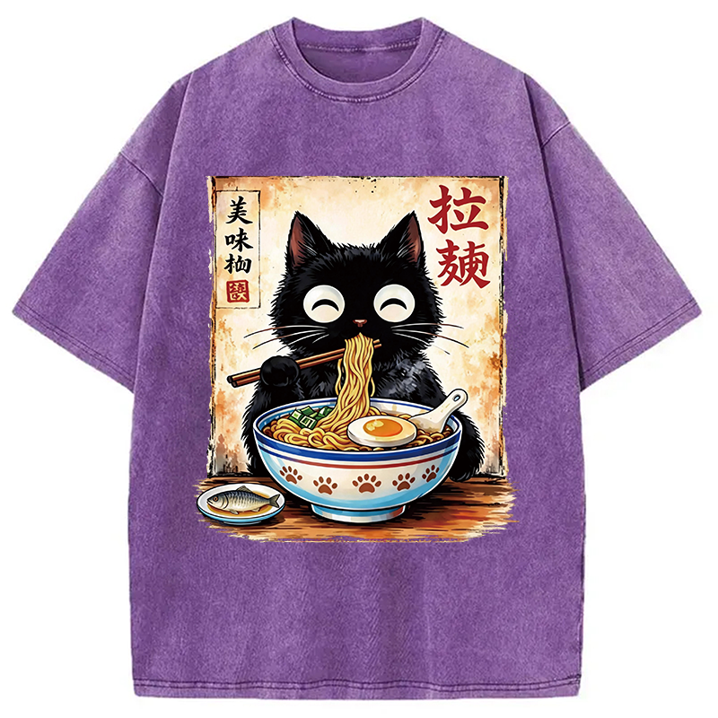 Modecanvas Cute Cat Slurping Ramen DTG Printing Washed T-Shirt