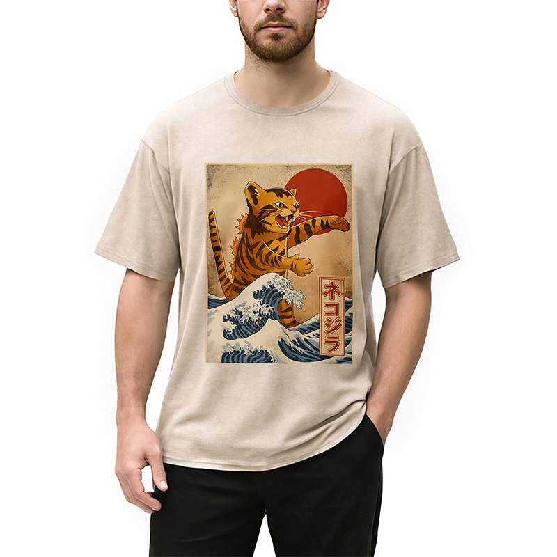 Modecanvas Catzilla Orange Cat Japanese Vintage Washed T-Shirt