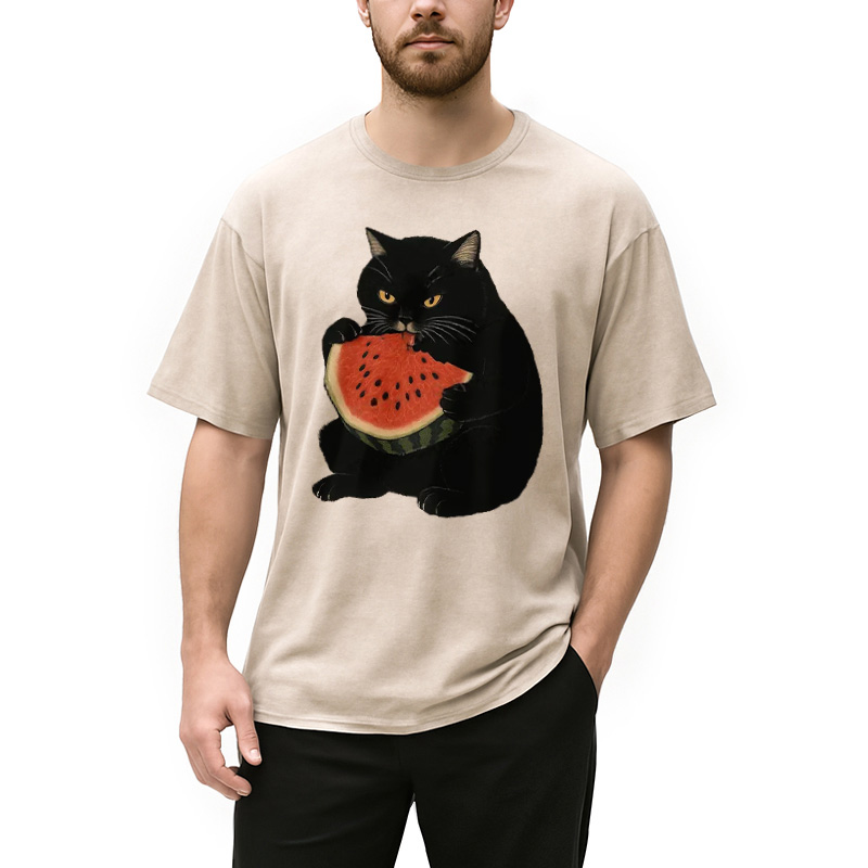 Modecanvas Black Cat Eating Watermelon Washed T-Shirt