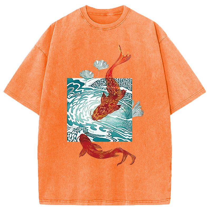 Modecanvas Koi In Wave Patterns DTG Printing Washed T-Shirt