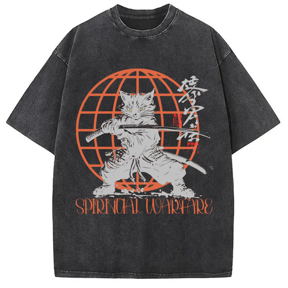 Modecanvas Samurai Cat Spiritual Warfare Washed T-Shirt