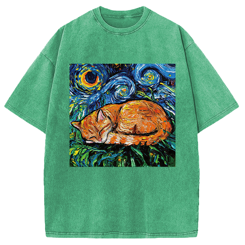 Modecanvas Orange Tabby Night full DTG Printing Washed T-Shirt